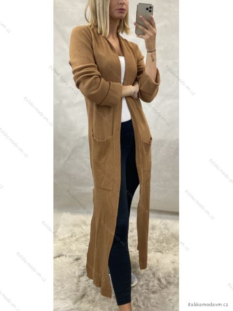 Cardigan pletený teplý dlouhý rukáv dámský (UNI S/M) ITALSKÁ MÓDA IMM20594/DR S/M one size Béžový