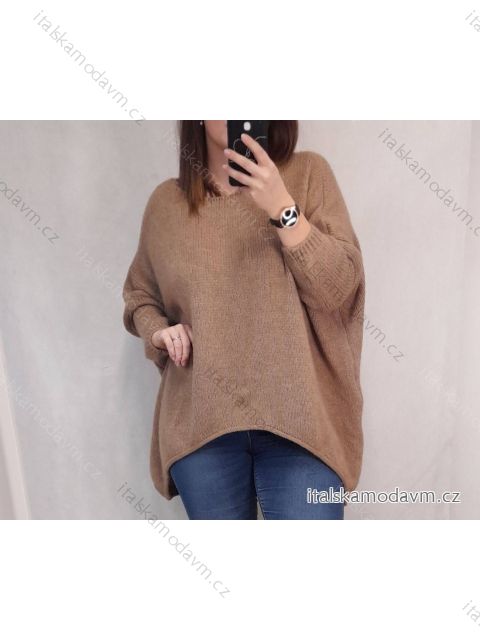 Šaty pletené 3/4 rukáv s kapsami dámský nadrozměr (5XL/6XL ONE SIZE) ITALSKÁ MÓDA IM821032 hnědá 5XL/6XL