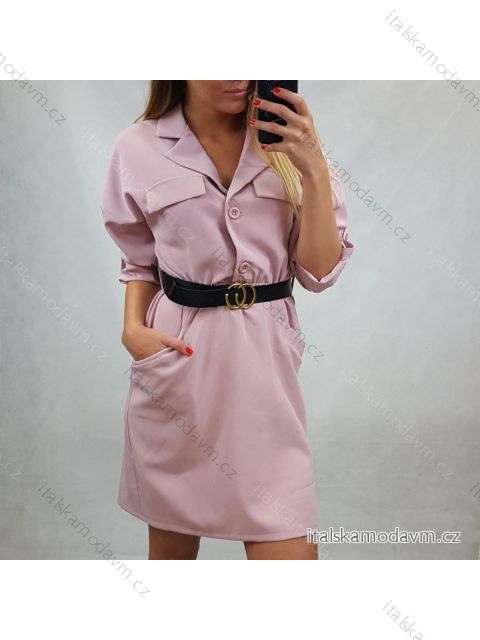 Šaty elegantní košilové 3/4 dlouhý rukáv s páskem dámské (UNI S/M) ITALSKÁ MÓDA IMM20693