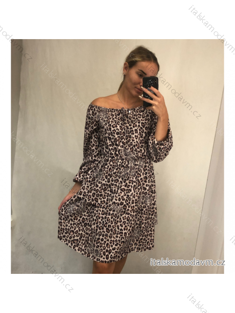 Šaty šifonové carmen dlouhý rukáv leopard dámské (S/M ONE SIZE) ITALSKÁ MÓDA IMWG21184/DR hnědá S/M