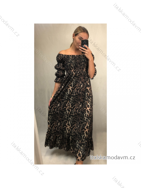 Šaty dlouhé letní žabičkované carmen přes ramena dámské leopard (S/M ONE SIZE) ITALSKÁ MÓDA IMWA216172-2/DR