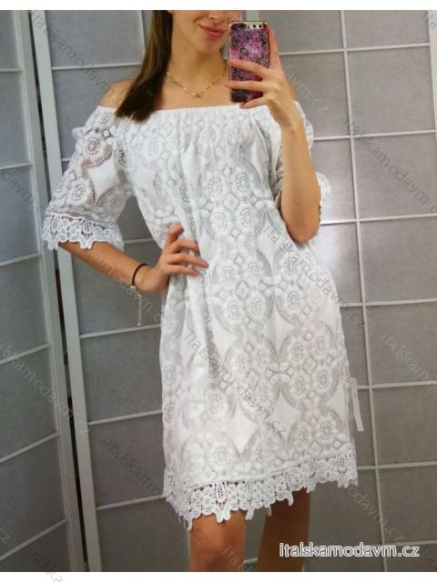 Šaty carmen krajkové bavlněné oversize krátký rukáv dámské nadrozměr (XL/2XL ONE SIZE) ITALSKÁ MÓDA IMD22161