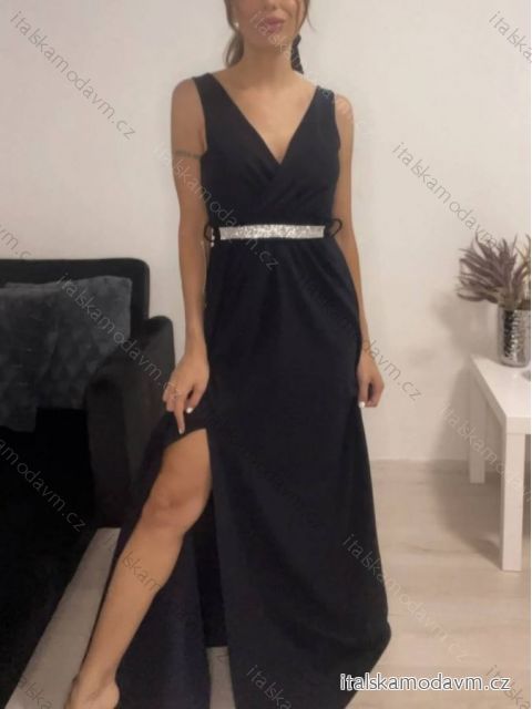 Šaty dlouhé na ramínka společenské elegantní plesové s páskem dámské (S/M ONE SIZE) ITALSKÁ MÓDA IMM22Q52228/DR černá