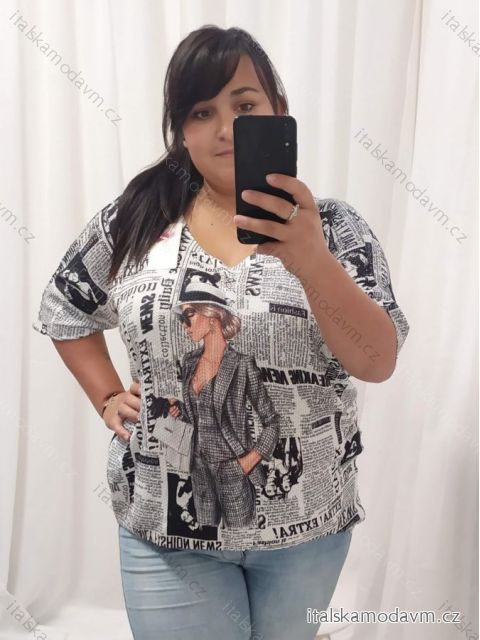 Svetr tenký oversize krátký rukáv dámský nadrozměr (3XL/4XL ONE SIZE) ITALSKÁ MÓDA IM422FASHION