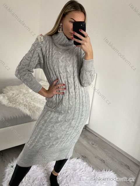 Šaty dlouhé pletené s rolákem dlouhý rukáv dámské (S/M ONE SIZE) ITALSKÁ MÓDA IMWB22341/DR šedá světlá S/M