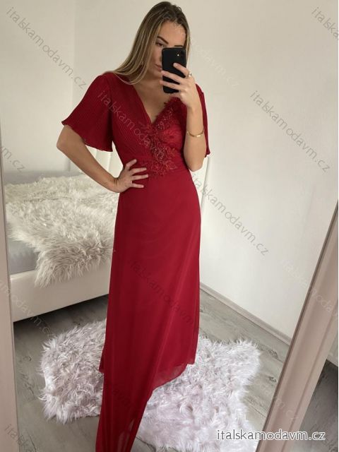Šaty dlouhé plesové společenské krátký rukáv dámské (S/M/L ONE SIZE) ITALSKÁ MÓDA IMH2280330/DR2 vínová