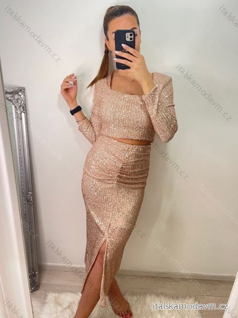 Souprava třpytivá flitrová sukně a top dlouhý rukáv dámská (S/M ONE SIZE) ITALSKÁ MÓDA IMWE224031/DU S/M béžová