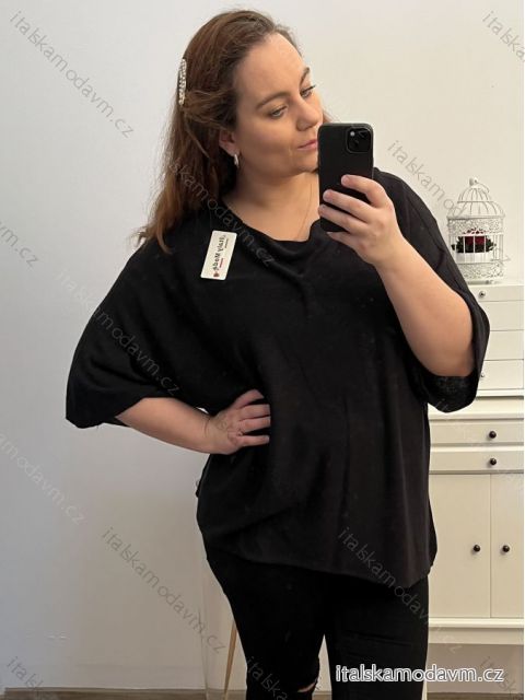 Svetr tenký oversize krátký rukáv dámský nadrozměr (3XL/4XL/5XL ONE SIZE) ITALSKÁ MÓDA IM423BLACK/DU 4XL/5XL Černá