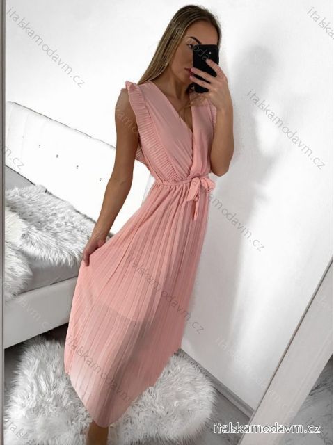 Šaty šifonové dlouhé se skládanou sukní bez rukávu dámské (S/M ONE SIZE) ITALSKá MóDA IM423223/DU S/M světle růžová