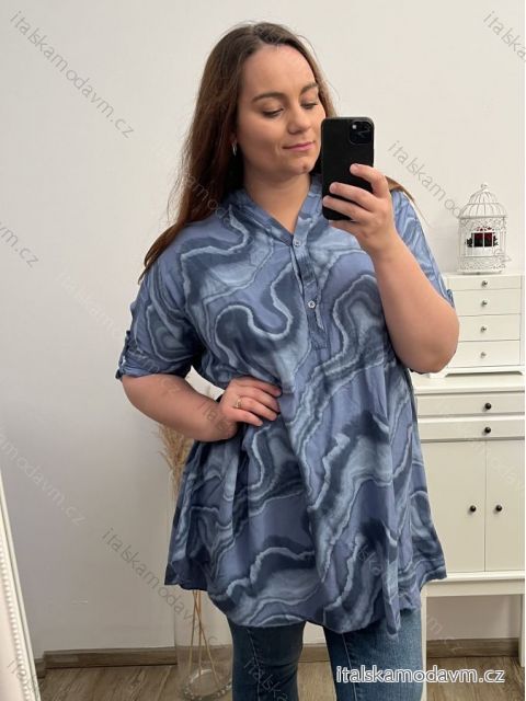 Tunika košilová dlouhý rukáv dámská (4XL/5XL ONE SIZE) ITALSKá MóDA IMC23PRATO/DU 4XL/5XL modrá
