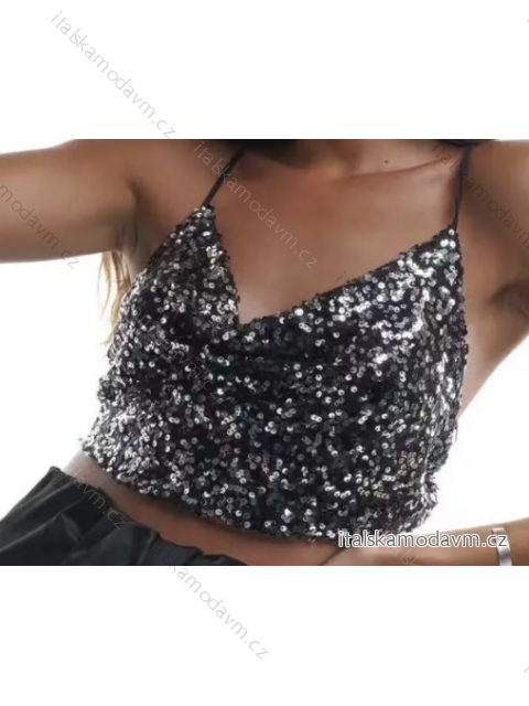 Top croptop třpytivý s flitry na ramínka dámský (S/M ONE SIZE) ITALSKÁ MÓDA IMPMD233825a