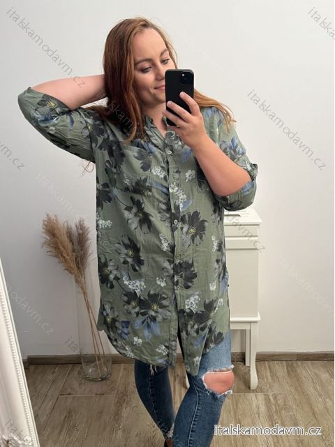 Prodloužená Košile 3/4 rukáv nadrozměr dámské (2XL/3XL ONE SIZE) ITALSKÁ MÓDA IM523FLOWER/DU 2XL/3XL Khaki