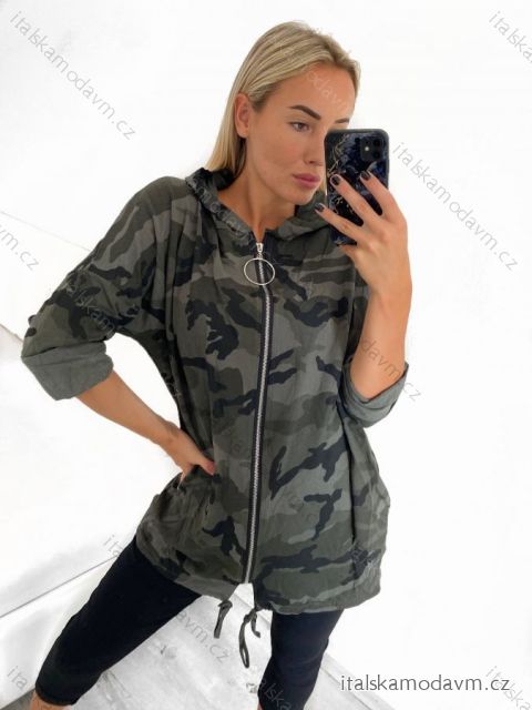 Mikina prodloužená dlouhý rukáv na zip s kapucí maskáčová dámská (L/XL ONE SIZE) ITALSKÁ MÓDA IMD21087