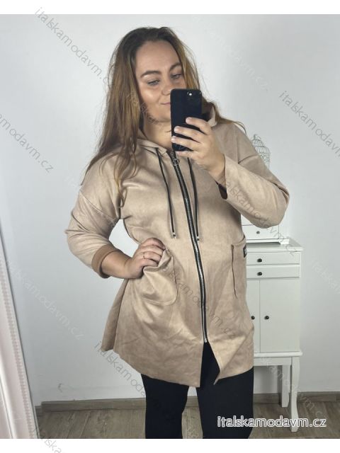 Kabátek s kapucí na zip dlouhý rukáv dámský nadrozměr (2XL/3XLONE SIZE) ITALSKÁ MODA IM423MIRANDA/DU 2XL/3XL hnědá