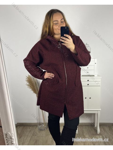 Kabát flaušový na zip s kapucí dámský nadrozměr (3XL/4XL ONE SIZE) ITALSKÁ MÓDA IM423BEETY/DU 3XL/4XL vínová