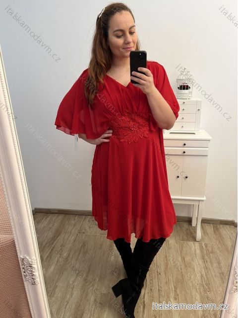 Šaty společenské elegantní krátký rukáv dámské nadrozměr (XL/2XL ONE SIZE) ITALSKÁ MÓDA IMPSH2218025/DR/DU červená