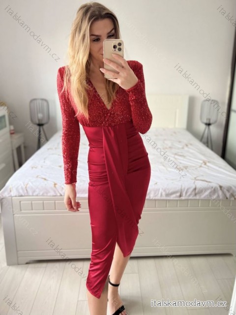 Šaty elegantní flitrové dlouhý rukáv dámské (S/M ONE SIZE) ITALSKá MóDA IMM23M30557/DU S/M červená