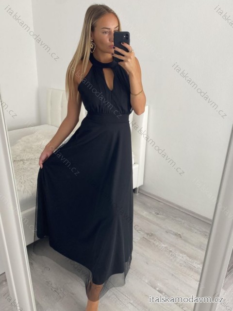 Šaty dlhé elegantné spoločenské bez rukávov dámske (L/XL ONE SIZE) TALIANSKA MÓDA IMM22FS52701/DR L/XL čierna