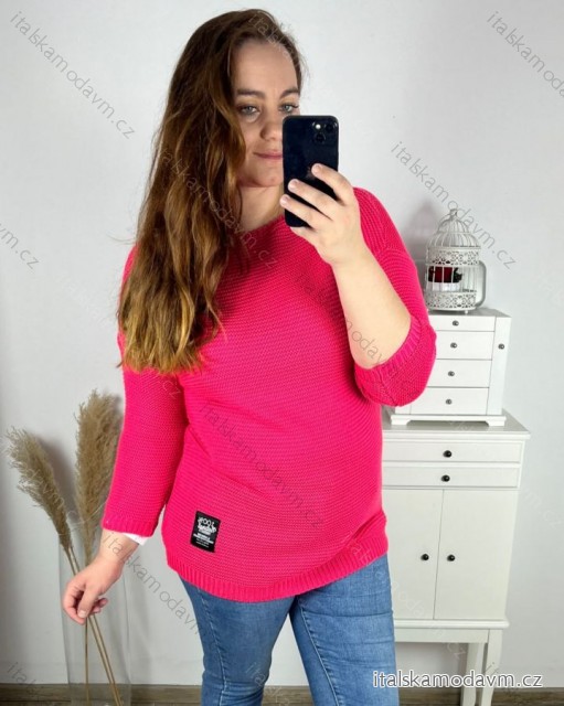 Svetr pletený prodloužený dlouhý rukáv dámské nadrozměr (2XL/3XL ONE SIZE) ITALSKÁ MÓDA IM4212261/DR růžová neon 2XL/3XL