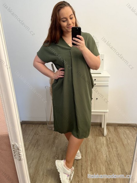 Šaty oversize krátký rukáv dámské nadrozměr (4XL/5XL ONE SIZE) ITALSKÁ MÓDA IMD22139/DR 4XL/5XL Khaki