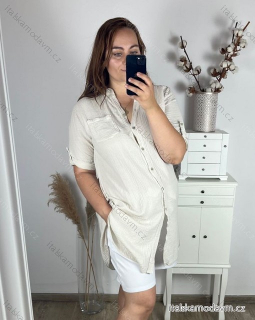 Tunika košilová dlouhý rukáv dámská nadrozměr mušelín (48/50 ONE SIZE) ITALSKÁ MÓDA IMC24159