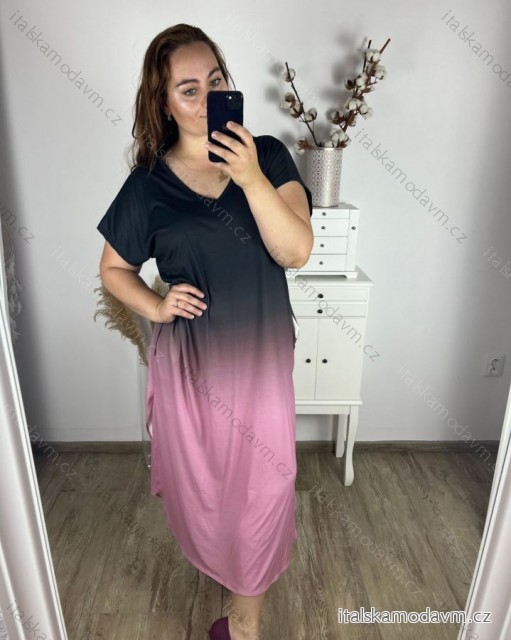 Šaty ombré dlouhé krátký rukáv dámské nadrozměr (58/60/62 ONE SIZE) ITALSKá MóDA IM424279/DR 58/60 růžová světlá