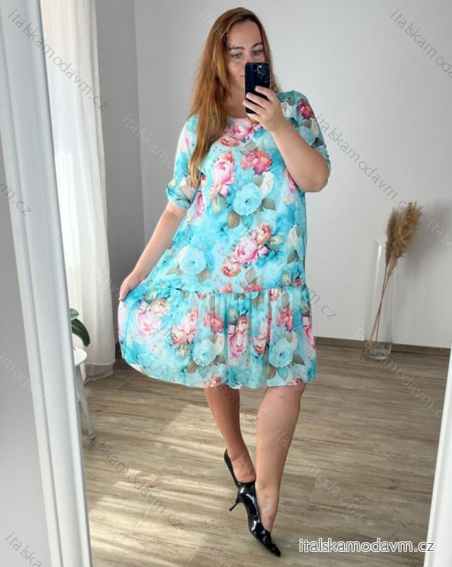 Šaty oversize letné šifónové 3/4 dlhý rukáv dámske nadrozmer (52/54 ONE SIZE) TALIANSKA MÓDA IMWGB24062/DR modrá 52/54