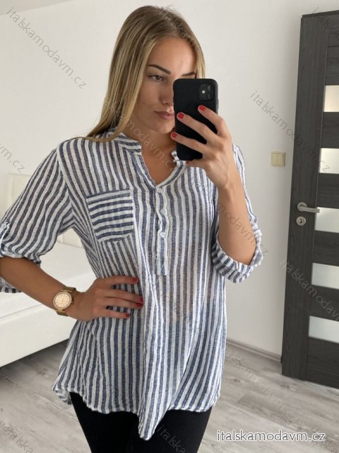 Tunika lněná dlouhý rukáv dámská (L/XL ONE SIZE) ITALSKÁ MÓDA IM722STRIPE