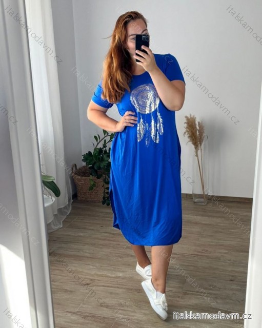 Šaty dlouhé oversize krátký rukáv dámské viskoza nadrozměr (2XL/3XL/4XLONE SIZE) ITALSKÁ MÓDA IMD22450/DR kr. modrá 2XL/3XL