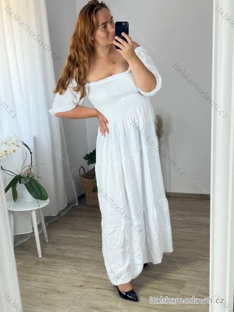 Šaty dlouhé mušelínové letní carmen dlouhý rukáv dámské nadrozměr (48/50 ONE SIZE) ITALSKÁ MÓDA IMWEC24151/DUR -   bílá -   48/50