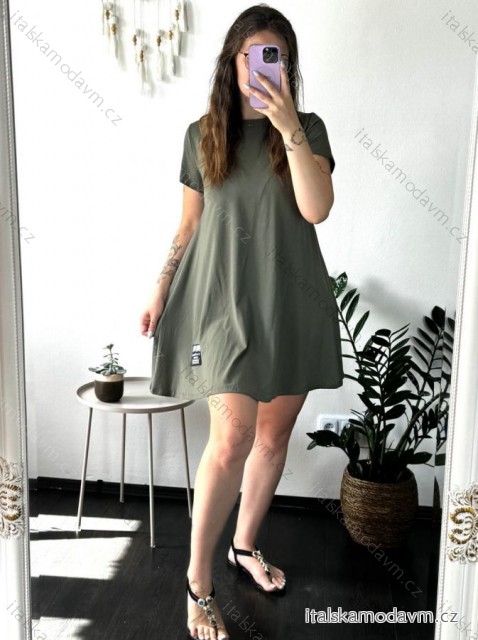 Šaty letní krátký rukáv dámské (S/M/L ONE SIZE) ITALSKÁ MÓDA IMD24014 zelená khaki M/L