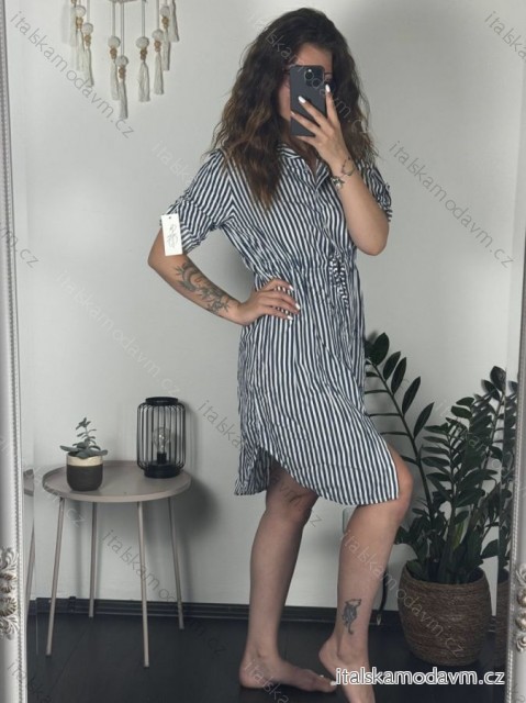 Košilové šaty krátký rukáv dámská  (S/M/L ONE SIZE) ITALSKá MODA IMSM24038/DUR modrá M/L