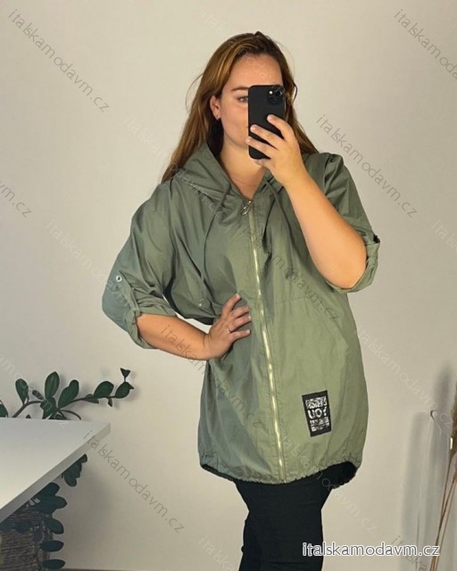 Bunda slabá s kapucí 3/4 dlouhý rukáv dámská nadrozměr (54/56/58 ONE SIZE) ITALSKÁ MÓDA IMSM24627/DU 56/58 zelená khaki