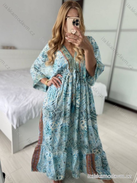 Šaty letní indické krátký rukáv dámské (S/M/L ONE SIZE) INDICKÁ MÓDA IMM24MAVIVA-7/DU -   modrá -   M/L