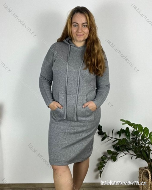 Šaty upletové s kapucí dlouhý rukáv dámské nadrozměr  (44/46/48 ONE SIZE) ITALSKá MODA IM724BASIC/DU 46/48 šedá