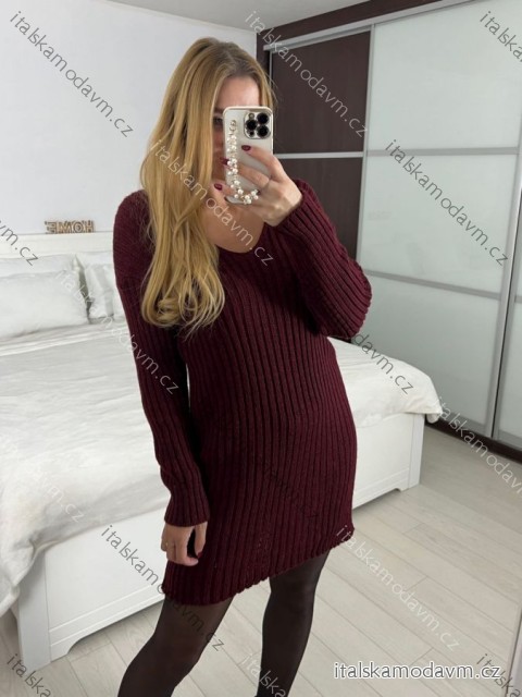 Šaty pletené s páskem dlouhý rukáv dámské (S/M/L ONE SIZE) ITALSKá MóDA IMD23848/DR M/L vínová