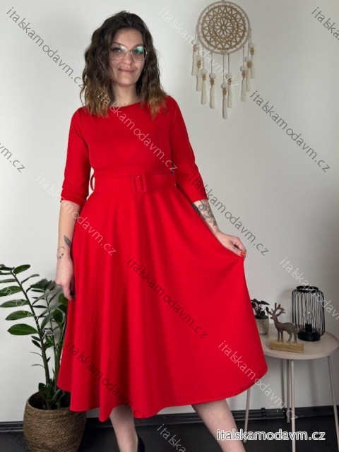 Šaty elegantní s páskem dlouhý rukáv dámské (S/M/L ONE SIZE) ITALSKÁ MÓDA IM424802 červená S/M/L