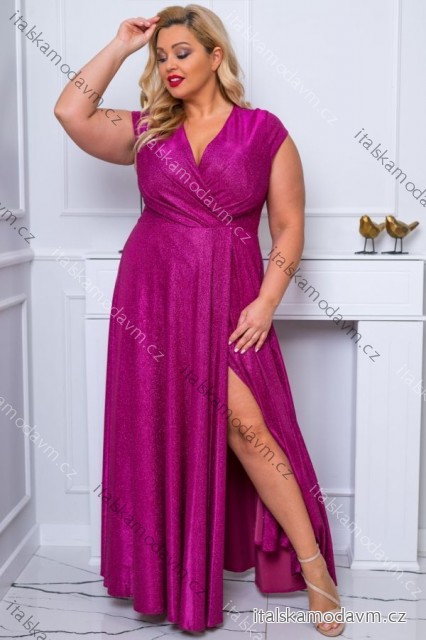 Šaty dlhé elegantné spoločenské trblietavé krátky rukáv dámske nadrozmer (44-50) POLSKÁ MÓDA PMLBF24NATALIA-1 ružová fuchsiová 48