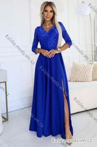 Šaty dlouhé elegantní společenské krajkové s výstřihem dlouhý rukáv  (S - 2XL) Polská móda- Royal blue 309-12 AMBER