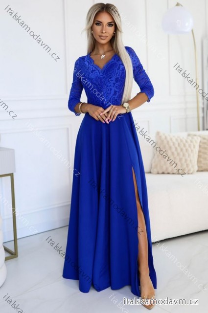 Šaty dlouhé elegantní společenské krajkové s výstřihem dlouhý rukáv  (S - 2XL) Polská móda- Royal blue 309-12 AMBER modrá královská XL