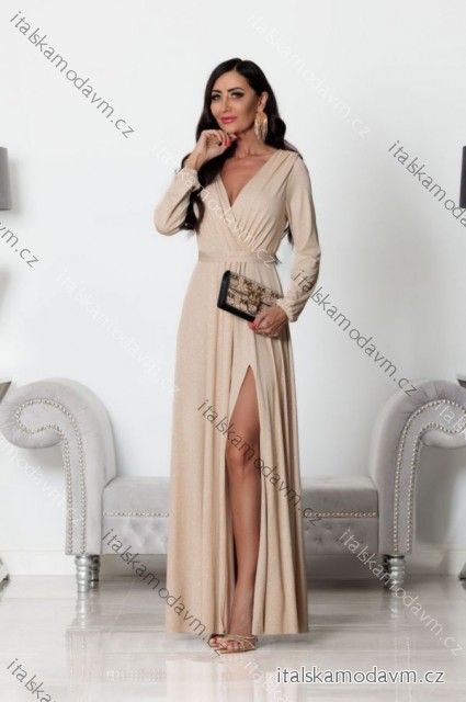 Šaty dlhé elegantné trblietavé dlhý rukáv dámske (S-2XL) POLSKÁ MÓDA PMLEL24SALMAB6 béžová XL