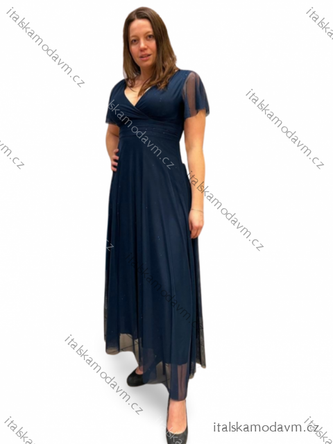 Šaty dlouhé třpytivé společenské krátký rukáv dámské (S/M ONE SIZE) ITALSKÁ MÓDA IMPSH2423589/DUR S/M tmavě modrá