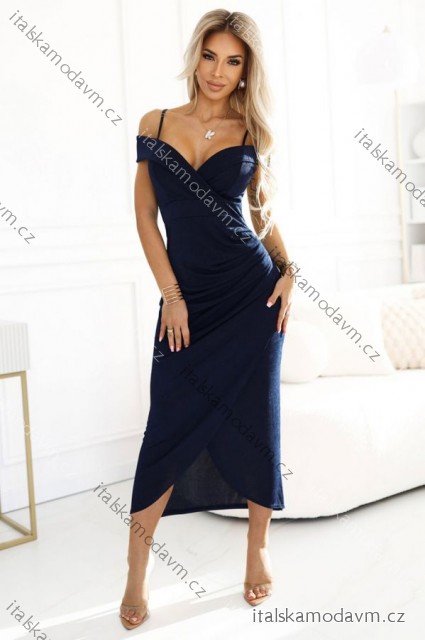 564-4 CALLIE Midi dress with open shoulders and neckline - navy blue color