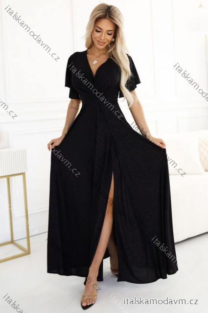 581-1 JENNIFER shiny long dress with sleeves and neckline - black with glitter