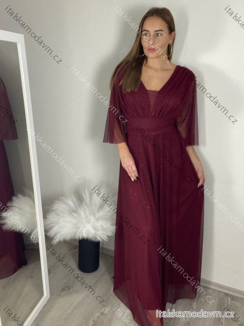 Šaty společenské elegantní třpitivé 3/4 rukáv dámské (S/M/L ONE SIZE) ITALSKá MODA IMS25KRISTA/DR S/M/L vínová