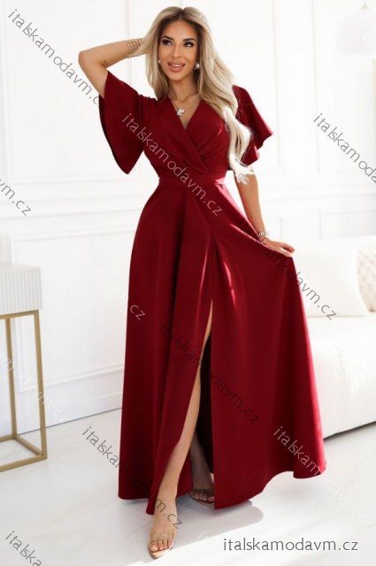 581-2 JENNIFER long dress with leg slit, sleeve and neckline - burgundy color