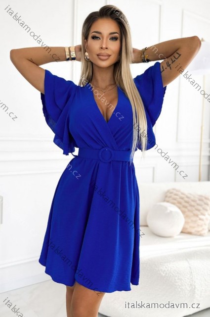 586-2 Women's dress with envelope neckline, sleeves and belt - blue