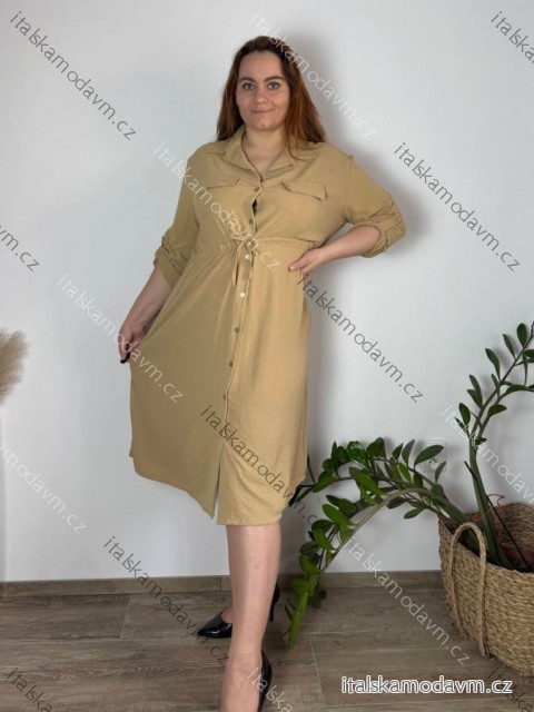 Šaty dlouhé košilové stahovací dlouhý rukáv dámské nadrozměr (48/50/52 ONE SIZE) ITALSKÁ MÓDA IM425081/DUR 50/52 béžová