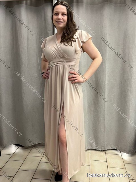 Šaty dlhé spoločenské krátky rukáv dámske (S/M ONE SIZE) TALIANSKA MÓDA IMD23299/DUR -   béžová -   S / M