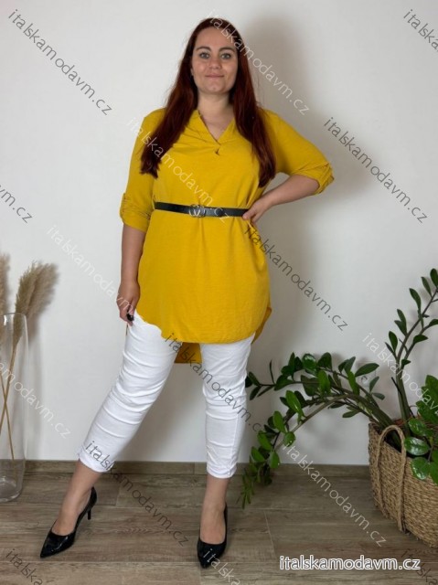 Tunika prodloužená/Šaty s páskem dlouhý rukáv dámská nadrozměr (XL/2XL ONE SIZE) ITALSKÁ MÓDA IMC22112/DUR hořčicová XL/2XL